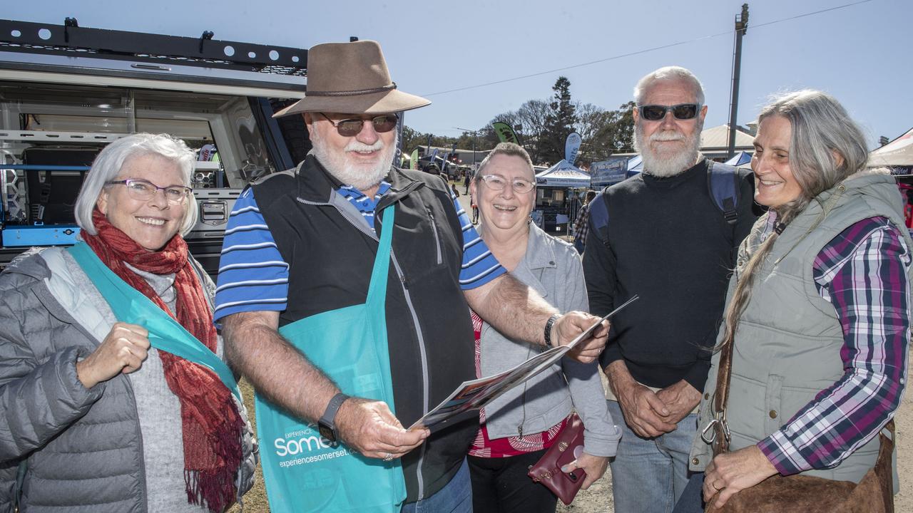 (from left) Robyn Robertson, Doug Beahan, Sheree Beahan, David Urquhart and Diane Urquhart at the Queensland Outdoor Adventure Expo, Toowoomba Showgrounds. Friday, July 29, 2022. Picture: Nev Madsen.