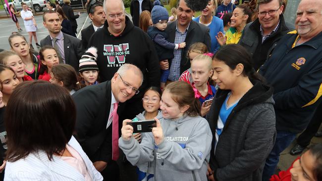 Prime Minister Scott Morrison and his family visits Whitehorse Netball Association in Deakin, Melbourne. Picture: Alex Coppel