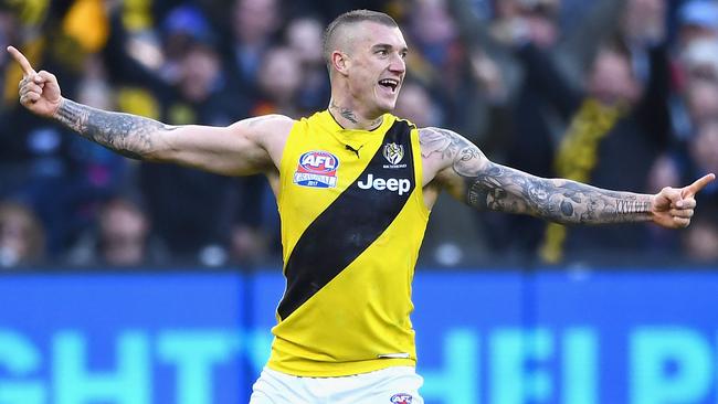 Dustin Martin celebrates a goal during the Grand Final.