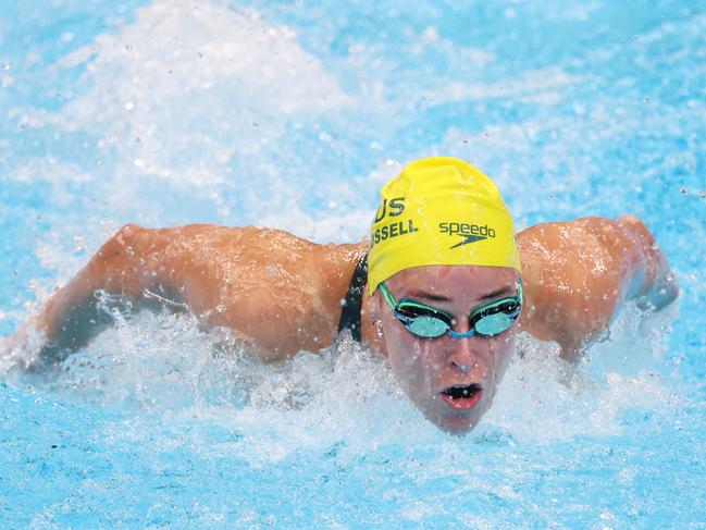 TOKYO, JAPAN - JULY 24: Brianna Throssell of Team Australia competes in heat five of the Women's 100m Butterfly on day one of the Tokyo 2020 Olympic Games at Tokyo Aquatics Centre on July 24, 2021 in Tokyo, Japan. (Photo by Tom Pennington/Getty Images)