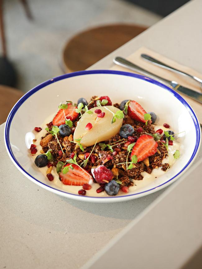 The buckwheat, coconut and cacao granola with chai spiced pear and honey yoghurt.