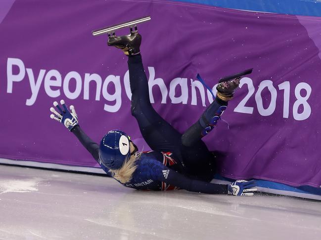 Elise Christie of Great Britain crashes during the Ladies’ 500m Short Track Speed Skating final on day four of the PyeongChang 2018 Winter Olympic Games at Gangneung Ice Arena on February 13, 2018 in Gangneung, South Korea. Picture: Getty Images