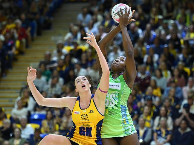 Lightning’s Ashleigh Ervin was forced to try to contain the best goal shooter in the world in West Coast’s Jhaniele Fowler-Nembhard. Picture: Getty Images