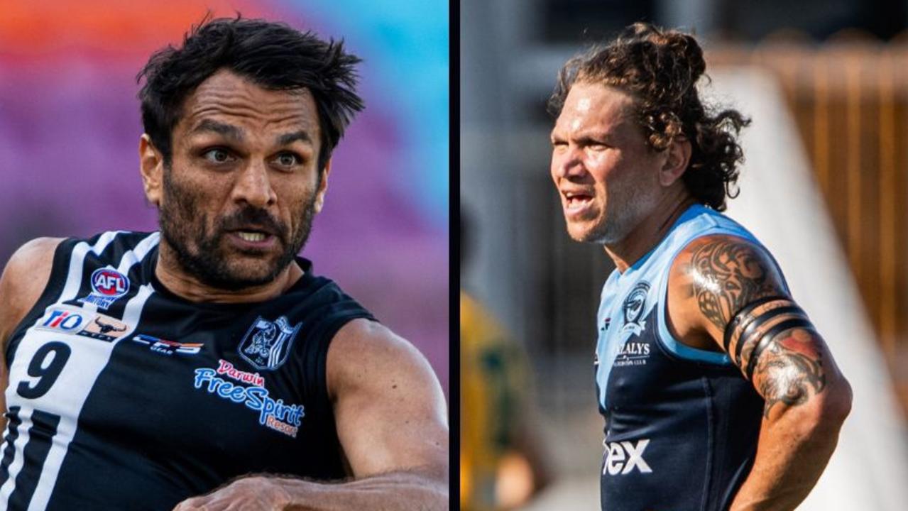 Shaun Wilson of the Palmerston Magpies and Phil Wills of the Darwin Buffaloes in the 2024-25 NTFL season. Picture: Pema Tamang Pakhrin