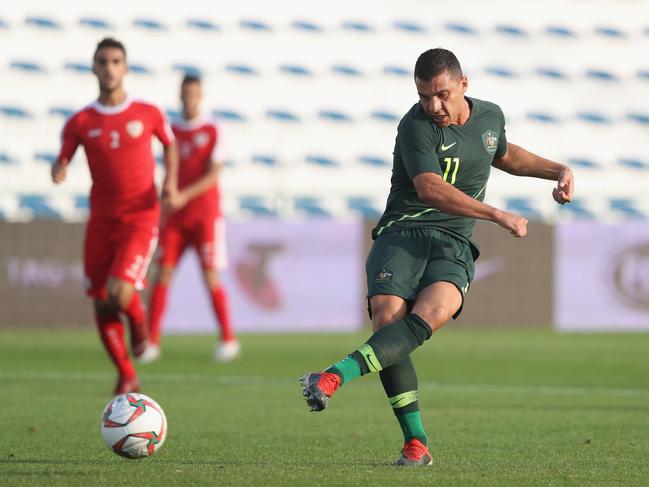 DUBAI, UNITED ARAB EMIRATES - DECEMBER 30:  Andrew Noubbout of Australia scores his teams first goal during the International Friendly match between Australia and Oman at Maktoum Bin Rashid Al Maktoum Stadium on December 30, 2018 in Dubai, United Arab Emirates.  (Photo by Francois Nel/Getty Images)