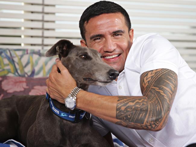 Tim Cahill and his dog Lumo. Picture: Adam Yip