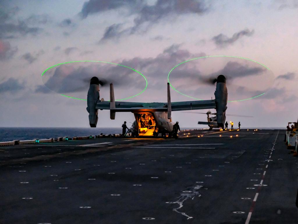 A U.S. Marine Corps MV-22B Osprey with Marine Medium Tiltrotor Squadron 265 (Reinforced), 31st Marine Expeditionary Unit (MEU), prepares for take-off aboard the amphibious assault ship USS America (LHA 6), during Talisman Sabre on July 14, 2021. The MV-22B provides combat commanders with extended range and flexibility for a wide range of missions. Australian and U.S. forces combine biannually for Talisman Sabre, a month-long multi-domain exercise that strengthens allied and partner capabilities to respond to the full range of Indo-Pacific security concerns. The 31st MEU is operating aboard ships of America Expeditionary Strike Group in the 7th fleet area of operations to enhance interoperability with allies and partners and serve as a ready response force to defend peace and stability in the Indo-Pacific region. (U.S. Marine Corps photo by Staff Sgt. John Tetrault)