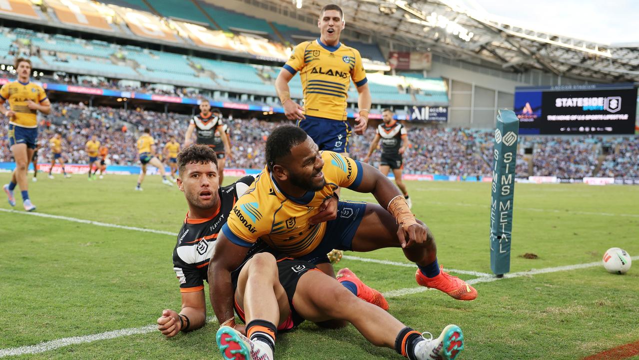 The Eels needed a late Maika Sivo try to seal the result after the Tigers had closed the margin to two points. Picture: Mark Metcalfe / Getty Images