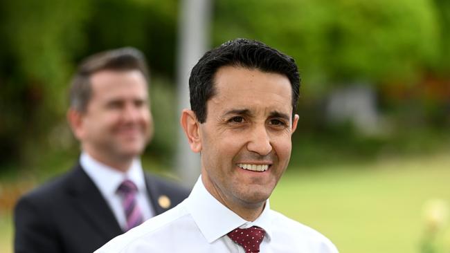 Opposition leader David Crisafulli, with deputy Jarrod Bleijie in the background, after announcing the LNP would withdraw its support for the Labor government’s Path to Treaty process. Picture: Dan Peled / NCA NewWire