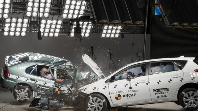 This graphic image of a 1998 Toyota Corolla and 2015 Toyota Corolla crashing into each other highlights the dangers of older vehicles. Pic: Supplied.