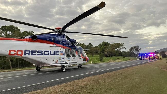 BMA CQ Rescue was tasked to Proserpine after a horror crash on the Bruce Highway at Myrtlevale. The AW139 landed on the highway and has transported man in his 60s for further treatment at Mackay Base Hospital. Picture: BMA CQ Rescue