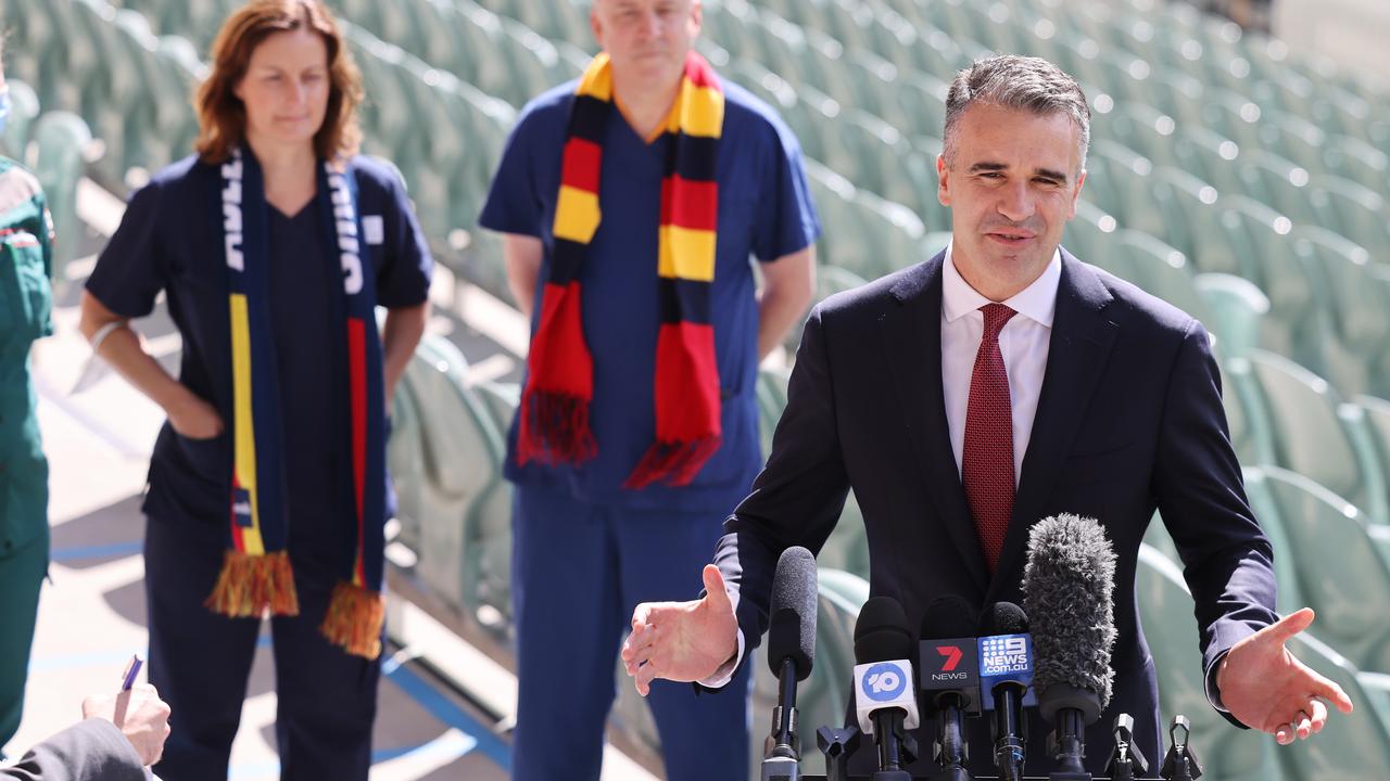 ADELAIDE, AUSTRALIA - NewsWire Photos APRIL 19, 2022. South Australian Premier Peter Malinauskas speaks to the media at Adelaide Oval. He has announced free Crows tickets for an up coming AFL game for coronavirus Ã&#146;frontline workersÃ&#147;. Picture: NCA NewsWire / David Mariuz