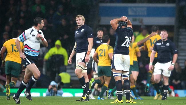 Craig Joubert sprints from the field after the final whistle in 2015 World Cup quarter-final Picture: Getty Images