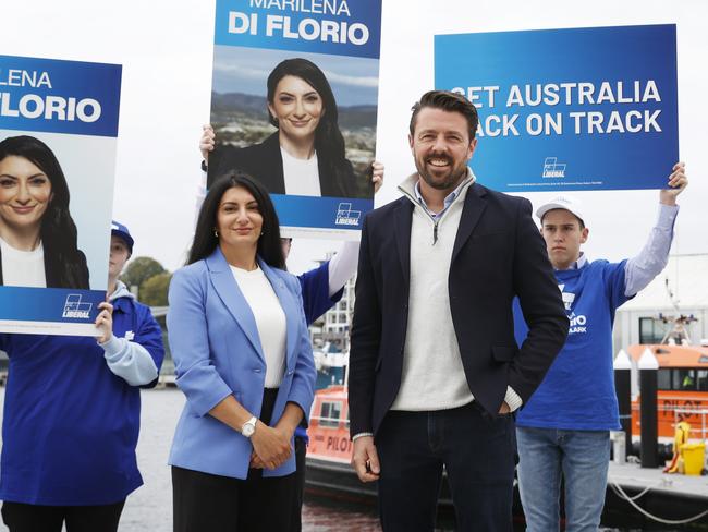 Candidate Marilena Di Florio with Senator Jono Duniam.  Liberal senator Jonno Duniam with Liberal candidate for Clark Marilena Di Florio in Hobart.  Picture: Nikki Davis-Jones