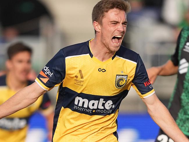 Mariners’ Max Balard celebrates scoring one of his three goals this season. Picture: Daniel Pockett/Getty Images