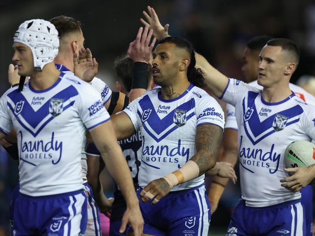 NEWCASTLE, AUSTRALIA - MAY 31: Josh Addo-Carr of the Bulldogs high fives team mates during the round 13 NRL match between Newcastle Knights and Canterbury Bulldogs at McDonald Jones Stadium, on May 31, 2024, in Newcastle, Australia. (Photo by Scott Gardiner/Getty Images)