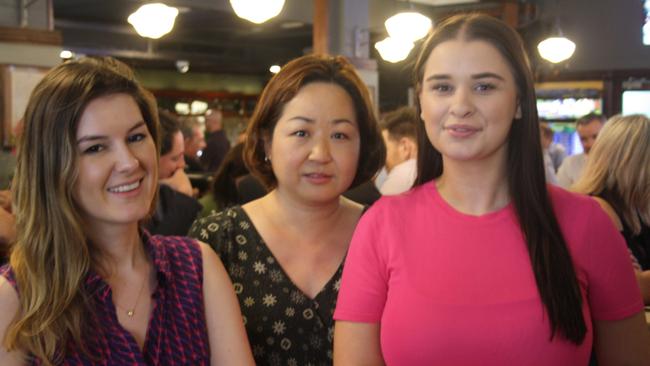 (L-R) Maddie, Julie and Georgia at The Edinburgh Castle, Sydney CBD, await the start of the Melbourne Cup. Picture: Alexi Demetriadi