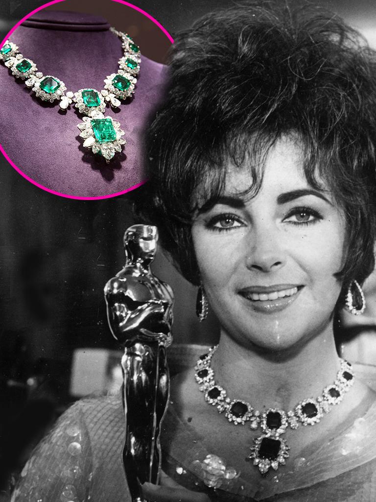 The queen of Oscars bling, Elizabeth Taylor (holding an Oscar she won for the film ‘Who’s afraid of Virginia Woolf’) auctioned off her famous Bulgari 23.44-carat emerald necklace at Christies. It fetched almost $25 million. Picture: Getty