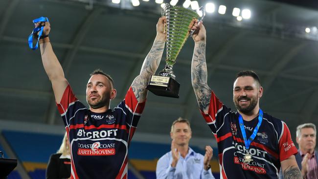 17th October 2020, Runaway Bay Seagulls Co-Captains Jimmy Poland and Darcy Sims celebrate winning the Gold Coast Rugby League A-Grade Grand Final against the Burleigh Bears played at CBus Stadium Photo: Scott Powick Newscorp