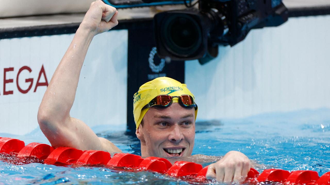 Australia’s Izaac Stubblety-Cook reacts after taking gold in the final of the men's 200m breaststroke. Picture: AFP