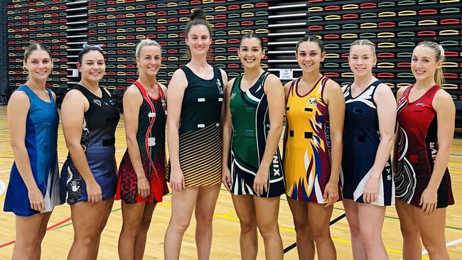 Townsville Premier League netballers (L-R) Hilary McKenzie, Shakira Koskela, Megan Tomarchio, Amy Butterworth, Meghan Marbelli, Amie Taylor, Phoebe Stothart and Anna Child ahead of the 2024 Pre-Season Cup final. Picture: Shaantel Hampson / TCNAI