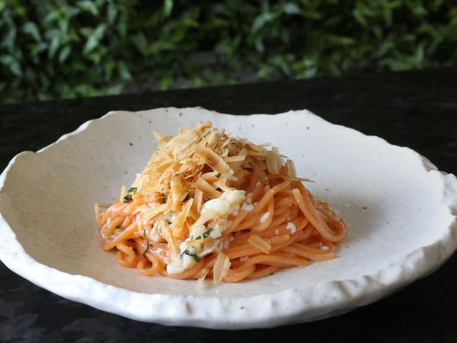 Well-known chef Paolo Masciopinto’s signature dish at new eatery Aromi — Tomato spaghetti with spanner crab and macadamia. Picture: Stuart Milligan