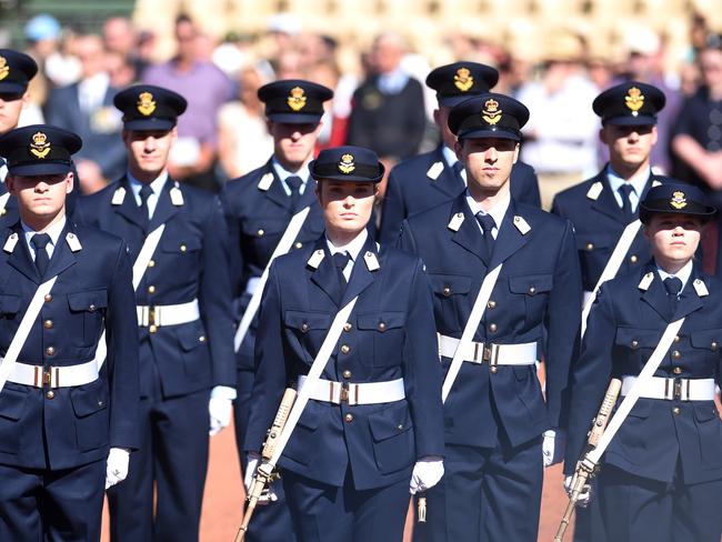 Members of the guard of honour is seen during the ANZAC Day March ceremony at the Australian War Memorial in Canberra. Picture: AAP/Lukas Coch