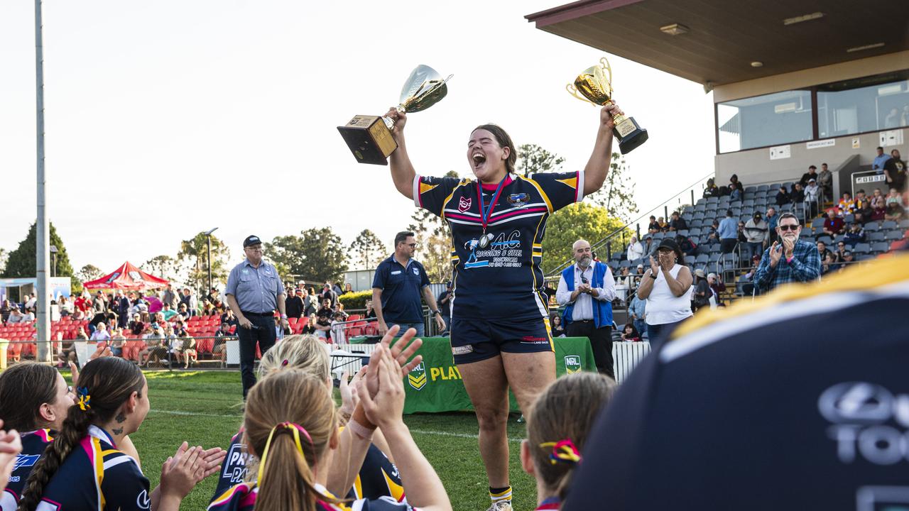 Highfields captain Katelyn Collie lifts the trophy as the TRL Women Premiers after defeating Gatton in the grand final at Toowoomba Sports Ground, Saturday, September 14, 2024. Picture: Kevin Farmer