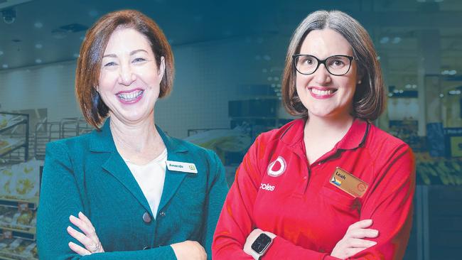 Woolworths CEO Amanda Bardwell (left) and Coles CEO Leah Weckert.