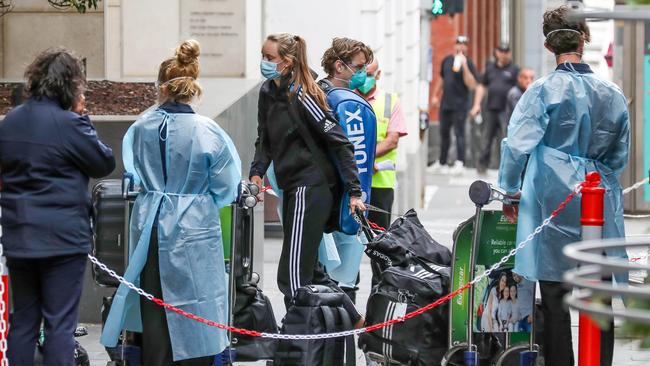 Kazakh tennis player Elena Rybakina arrives with other travellers at the Grand Hyatt hotel in Melbourne, on Friday. Picture: Tim Carrafa