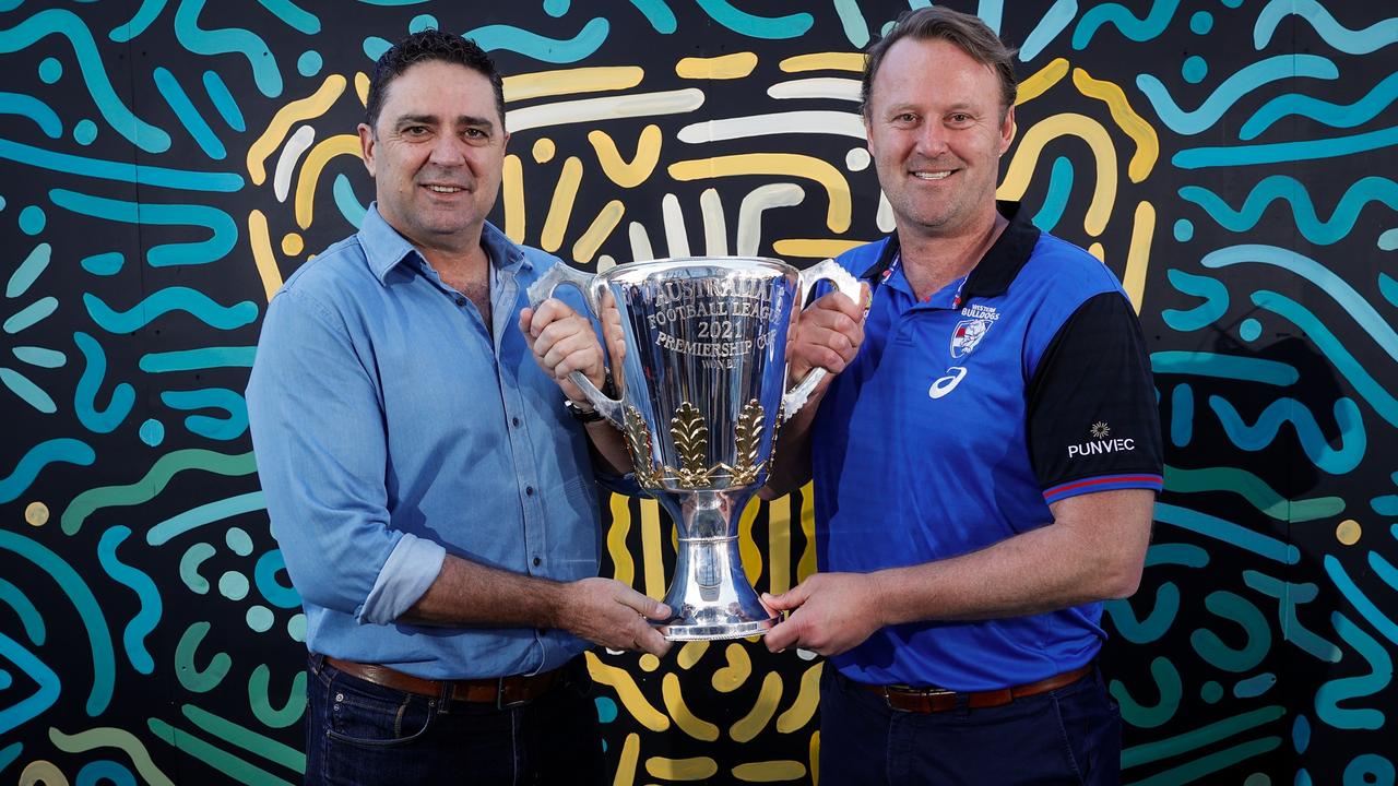 The Grand Final Premiership Cup presenters, Melbourne’s Garry Lyon (L) and the Western Bulldogs’ Chris Grant. (Photo by Michael Willson/AFL Photos via Getty Images)