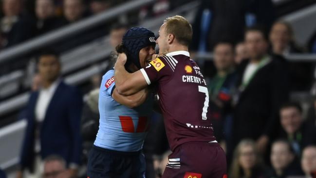 Jarome Luai and DCE go head to head. Picture: NRL Photos/Gregg Porteous