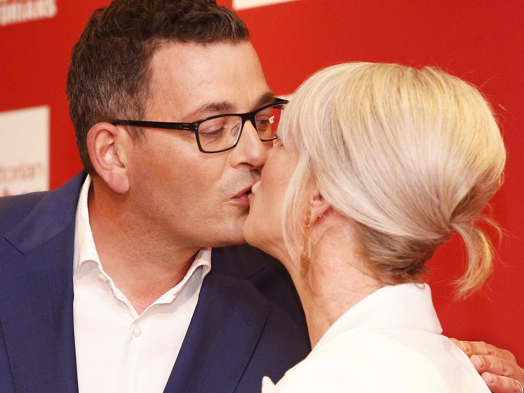 Mr Andrews kisses his wife Catherine during the Labor Party reception. Picture: Daniel Pockett/AAP