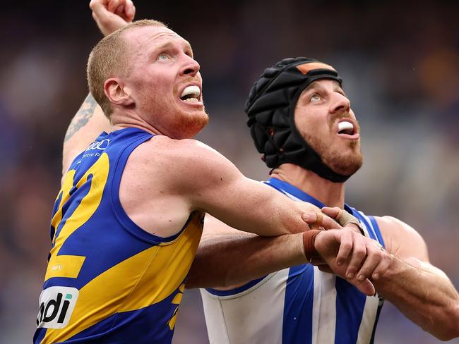 PERTH, AUSTRALIA – JUNE 08: Bailey J. Williams of the Eagles and Tristan Xerri of the Kangaroos contest the ruck during the round 13 AFL match between West Coast Eagles and North Melbourne Kangaroos at Optus Stadium, on June 08, 2024, in Perth, Australia. (Photo by Paul Kane/Getty Images)