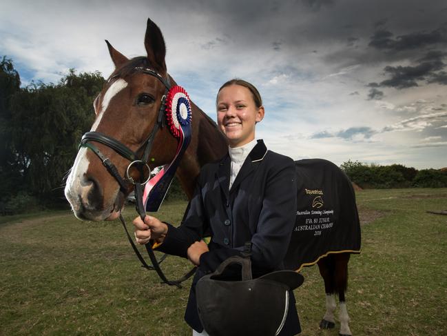 Portraits of Hannah McKinney and her horse Streeton De Lago who have become the junior eventing champions of Australia. Hannah was pictured at South East Equestrian Club in Matraville on April 19th 2018. (AAP Image / Julian Andrews).