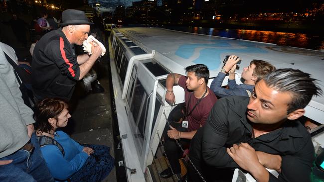 People blocked in the boat at Southbank by protesters. Photo: Rob Leeson.