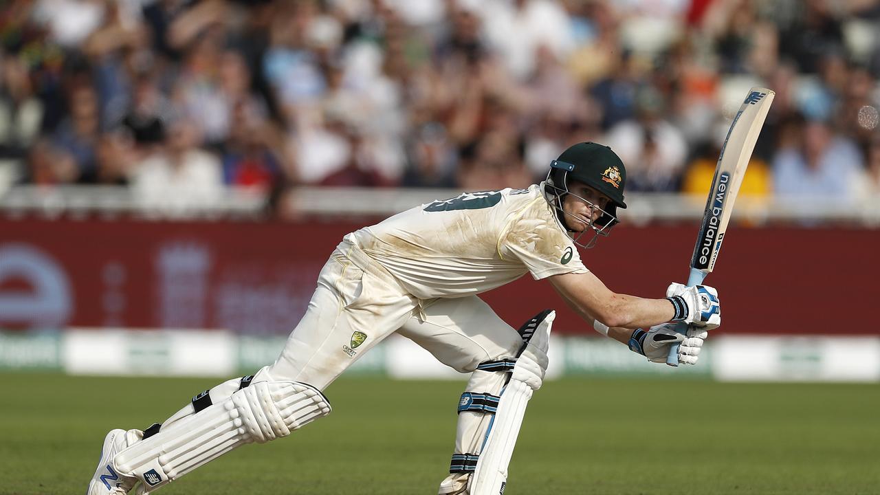 Steve Smith leans onto the front foot to defend. Picture: Ryan Pierse/Getty Images.