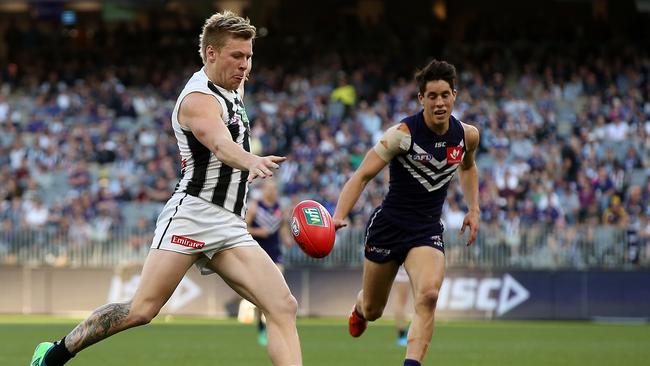 Jordan De Goey helped the Pies win a scrappy affair in Perth last year. Pic: Getty Images