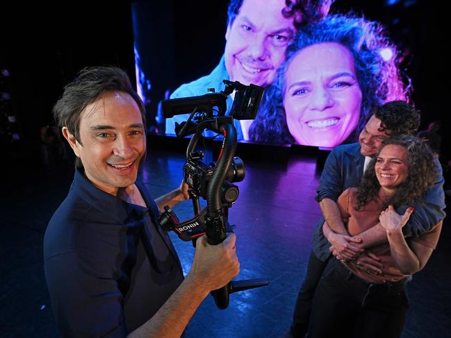 12/9/2024 : Author Trent Dalton with actors Jason Klarwein and Michala Banas (who play Trent and his wife Fiona)  after a media preview for the start the theatre production of Ã¢â¬ÅLove StoriesÃ¢â¬Â at QPAC,  South Brisbane.  pic: Lyndon Mechielsen