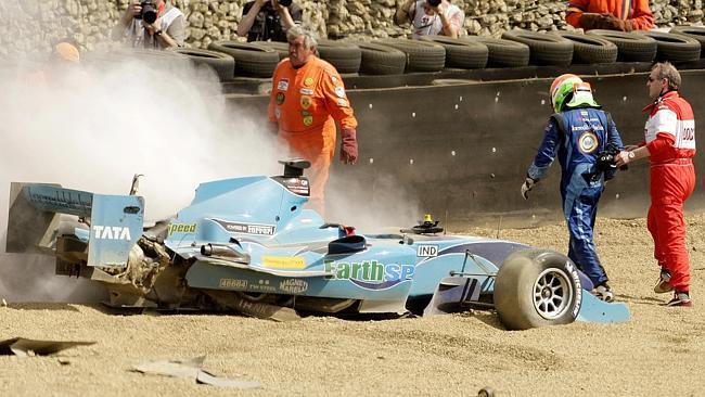 A1GP racing driver Narain Karthikeyan’s crash in May 2009 was nothing compared to the damage the motorsport series’s reputation suffered on the Gold Coast a few months later. Photo: AFP/Shaun Curry