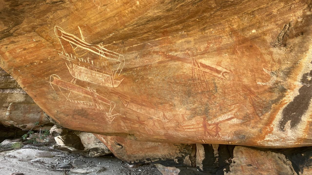 Rock art on Groote Eylandt depicting trade between local Aboriginal people and Makassan fishers from Indonesia. Picture: Matt Cunningham