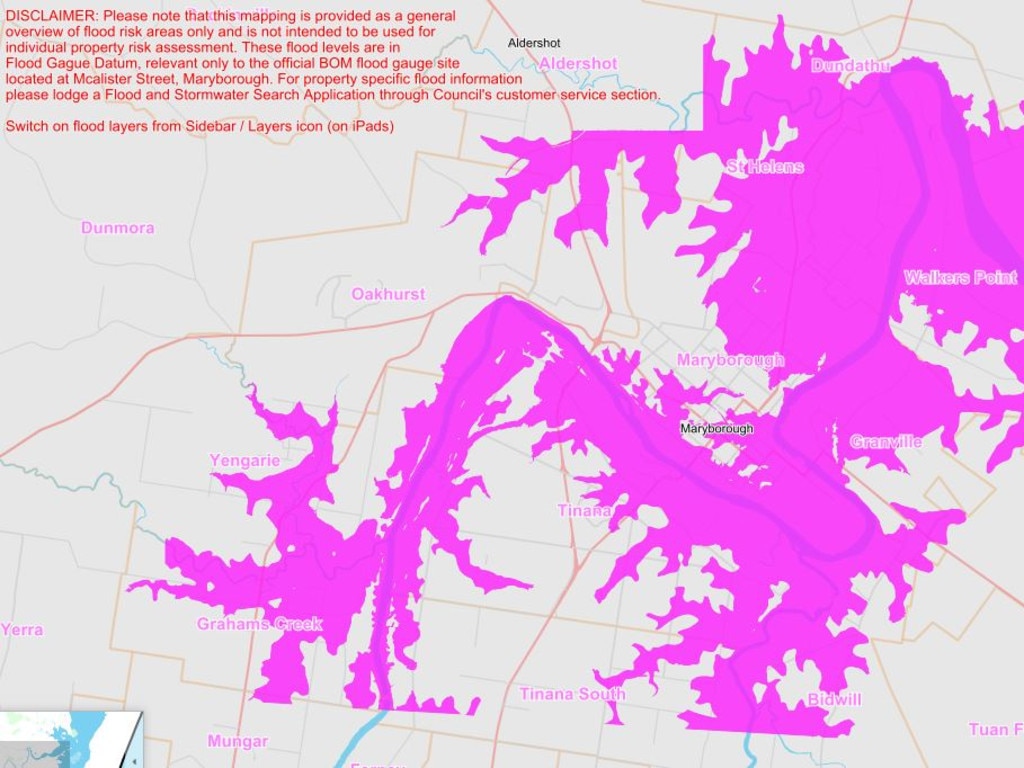 Maryborough's flood risk if the gauge reached a 14m flood peak. Picture: Fraser Coast Council.