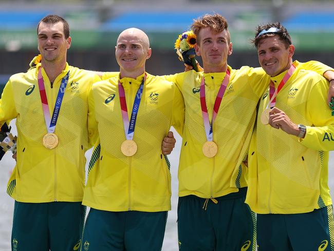 TOKYO, JAPAN - JULY 28:  Gold medalists Alexander Purnell, Spencer Turrin, Jack Hargreaves and Alexander Hill of Team Australia pose with their medals during the medal ceremony for the Men's Four Final A on day five of the Tokyo 2020 Olympic Games at Sea Forest Waterway on July 28, 2021 in Tokyo, Japan. (Photo by Naomi Baker/Getty Images)