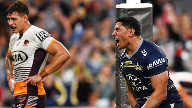 Jason Taumalolo scores . NRL; North Queensland Cowboys Vs Brisbane Broncos at Queensland Country Bank Stadium, Townsville. Picture: Alix Sweeney