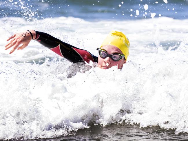 Olivia Smith finishes the 600m event, Brooke Street Pier 1200 Ocean Series swim at Seven Mile Beach. Picture Chris Kidd