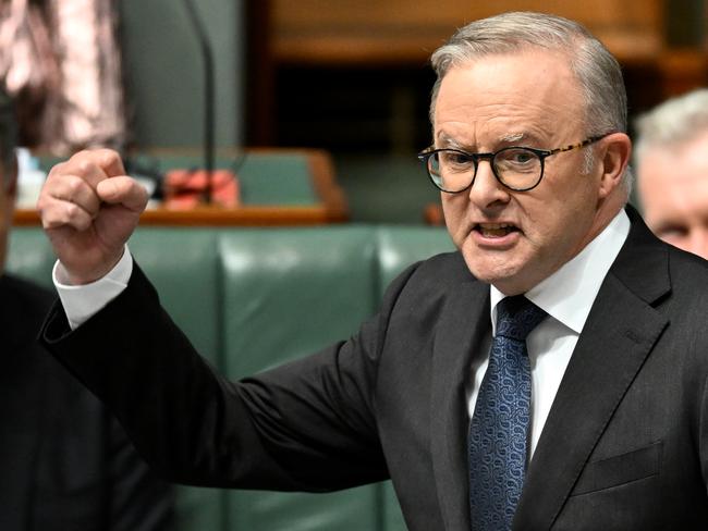 Australian Prime Minister Anthony Albanese speaks during Question Time at Parliament House in Canberra, Tuesday, February 6, 2024. (AAP Image/Lukas Coch) NO ARCHIVING