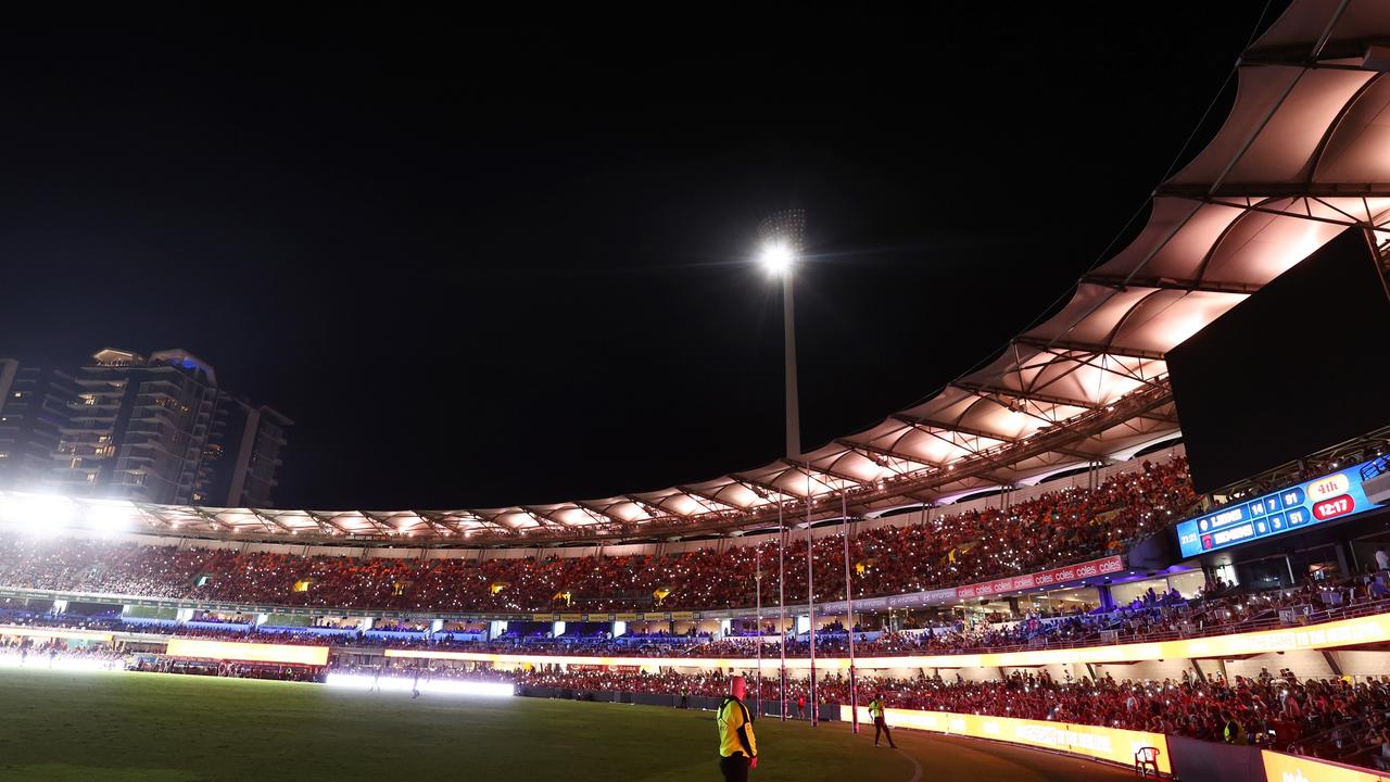 Power goes out during the round two AFL match between Brisbane Lions and Melbourne Demons at The Gabb.