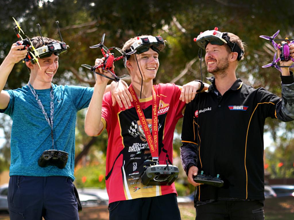 At Woodville North every fortnight, drone racing enthusiasts test their skill racing through a course of gates. 3 of the best pilots, (LtoR) Darcy RoseÃ Meyer,15, of Happy Valley, Angus Porter,15, of Warradale, and Kris Mallise,31, of Moonta Bay. 2 March 2025. Picture: Dean Martin