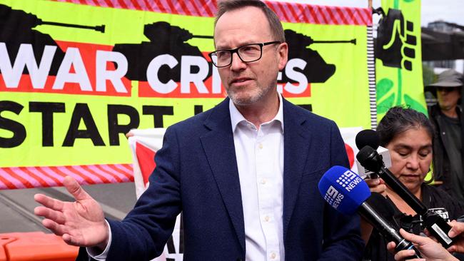 Greens senator David Shoebridge speaks to protesters and the media outside the Land Forces 2024 arms fair in Melbourne last week. Picture: AFP