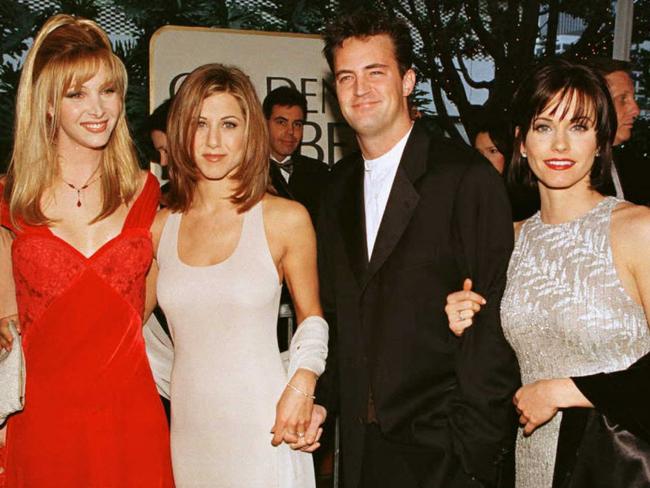 Matthew Perry at the 1996 Golden Globes with his Friends co-stars, Lisa Kudrow, Jennifer Aniston and Courteney Cox. Picture: AFP